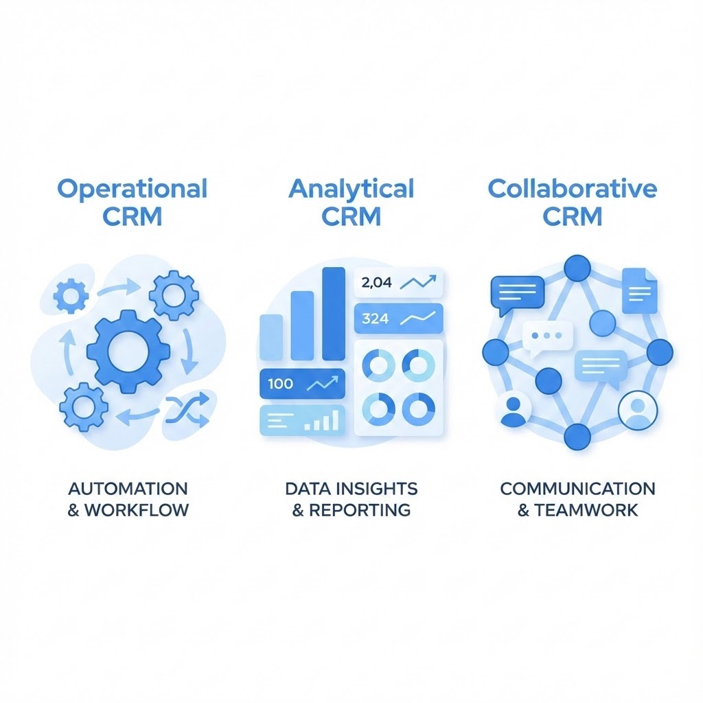 Diagram perbedaan jenis CRM Operasional Analitis dan Kolaboratif.