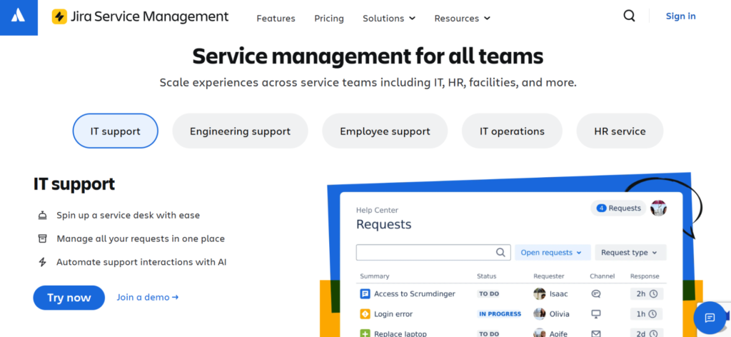 Homepage Jira Service Management ITSM