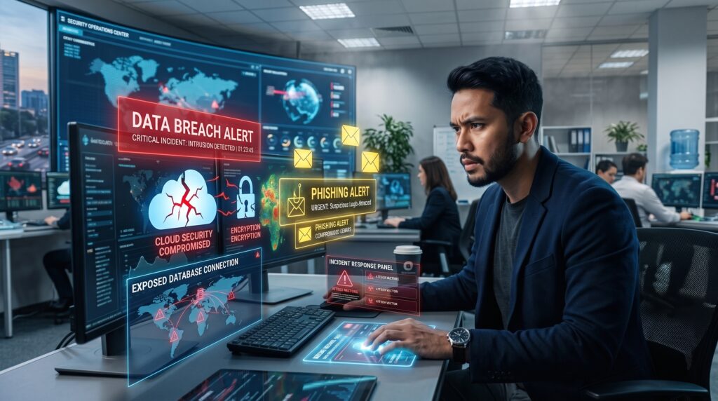 Ilustrasi Data Breach yang memperlihatkan kebocoran data perusahaan akibat serangan siber.