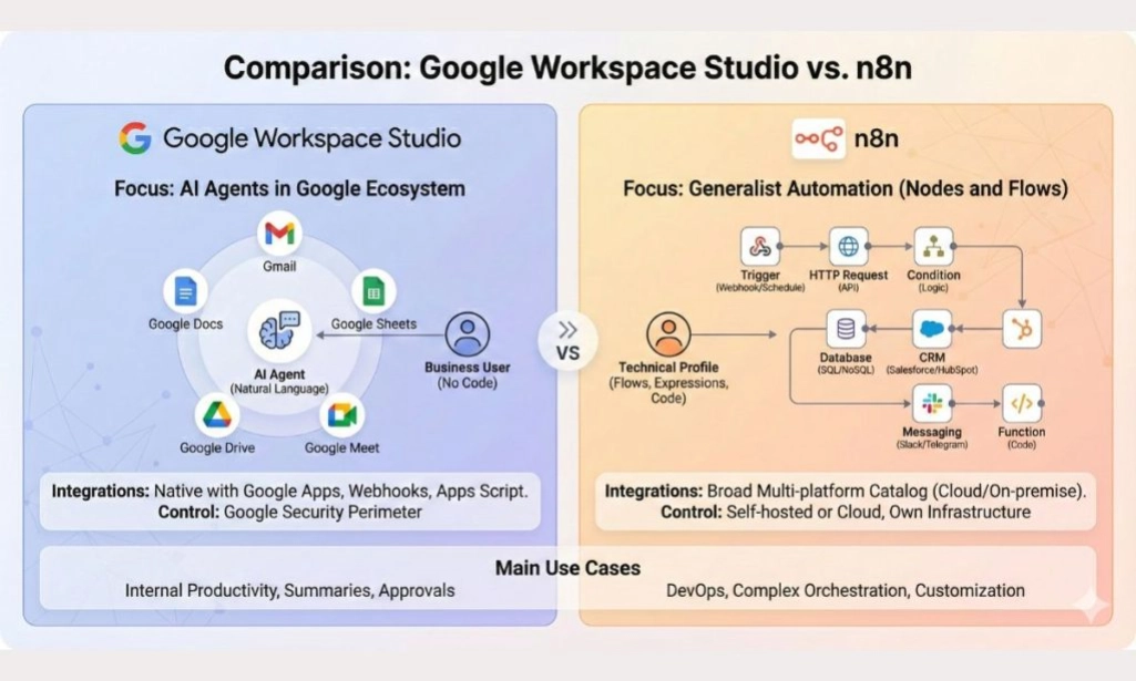 Bagan perbandingan Google Workspace Studio dan n8n