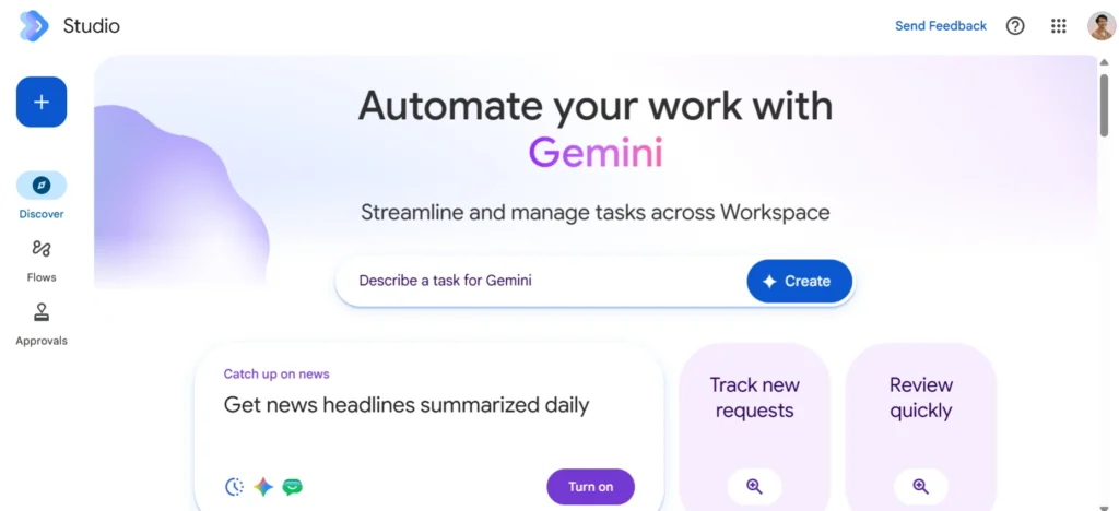 Homepage Google workspace Studio