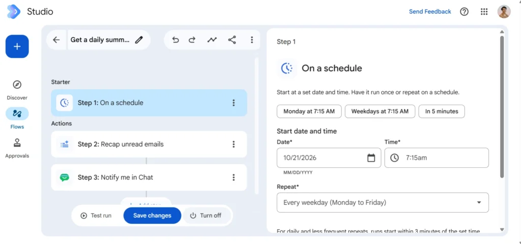 UI dari Discover ke Step Workspace Studio