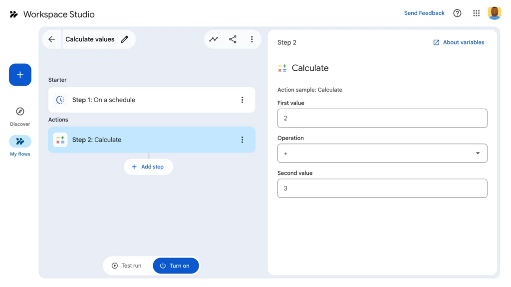 UI Google Workspace Studio dalam pembuatan Step